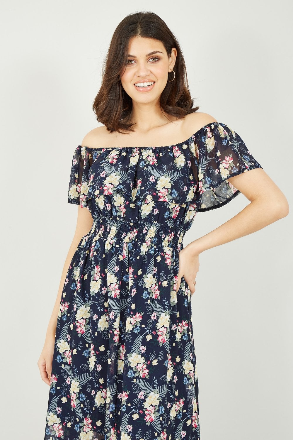 Mela Navy Tropical Printed Dipped Hem Bardot Dress Mela