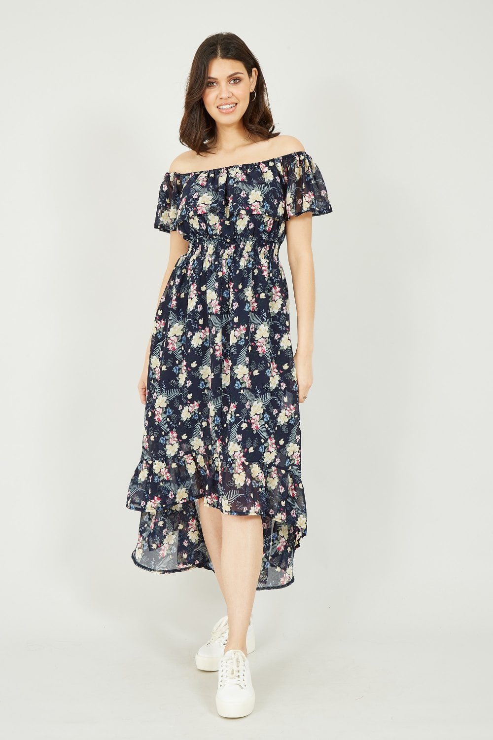 Mela Navy Tropical Printed Dipped Hem Bardot Dress Mela