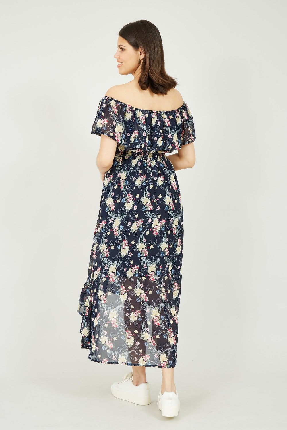 Mela Navy Tropical Printed Dipped Hem Bardot Dress Mela