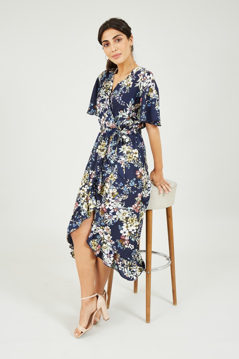 Mela Navy Wrap Effect Floral Midi Dress Mela