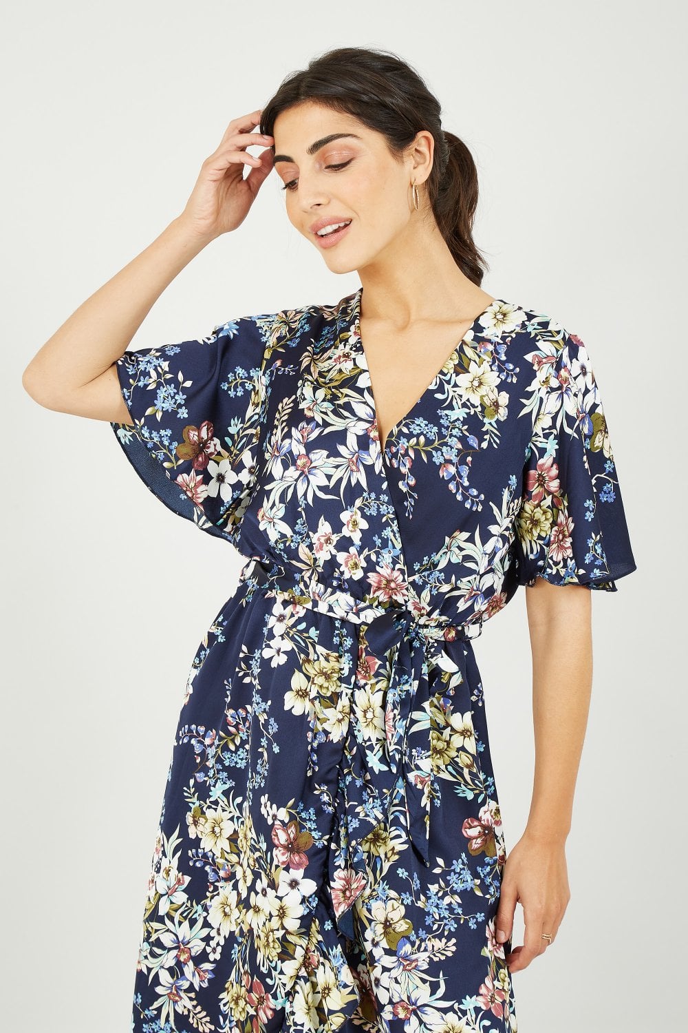 Mela Navy Wrap Effect Floral Midi Dress Mela