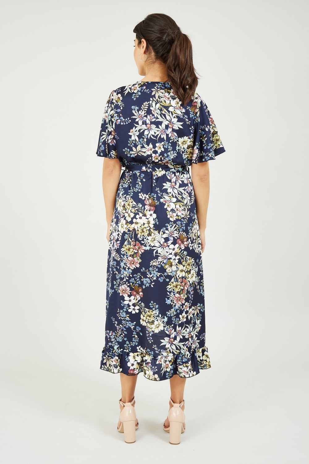 Mela Navy Wrap Effect Floral Midi Dress Mela