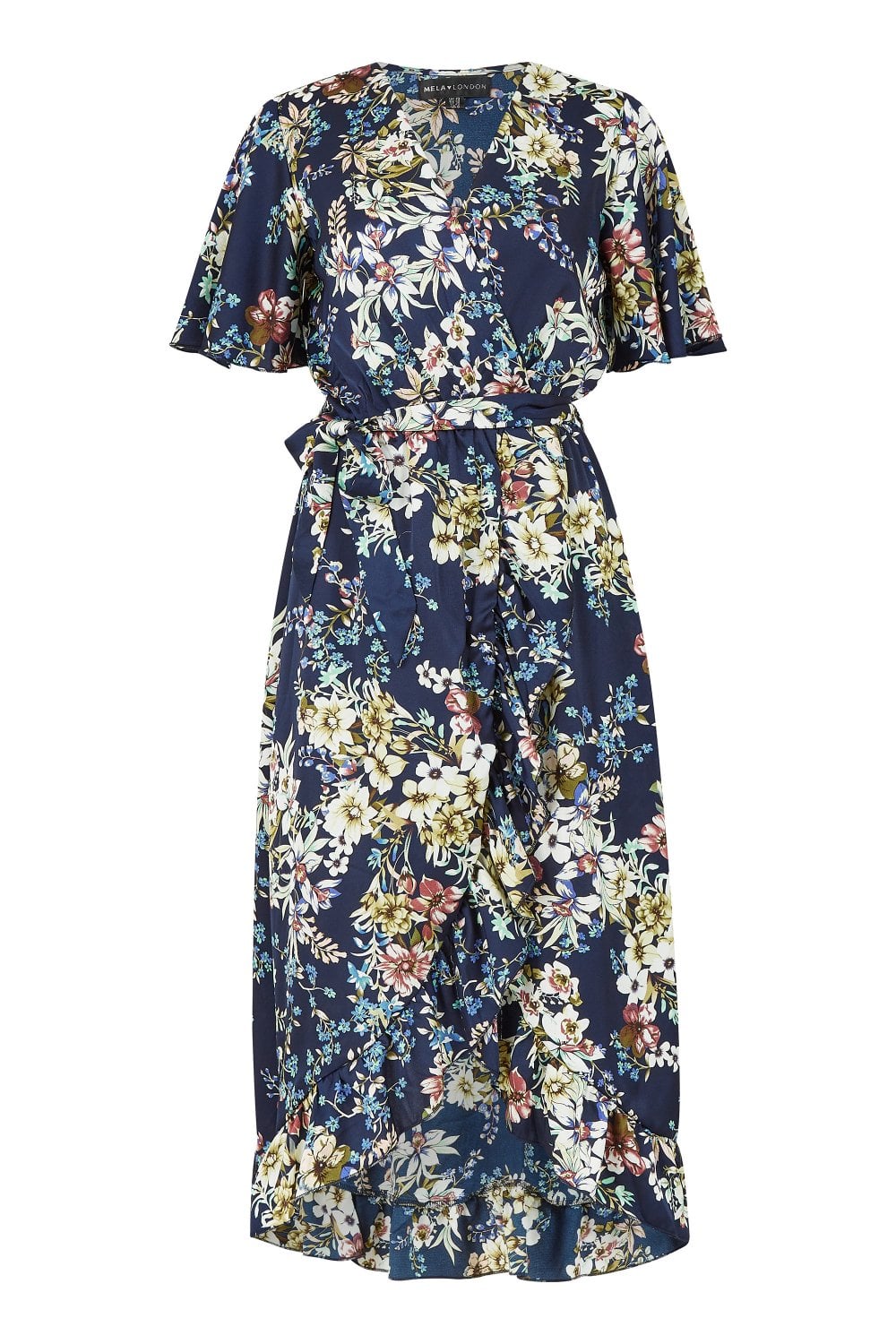 Mela Navy Wrap Effect Floral Midi Dress Mela