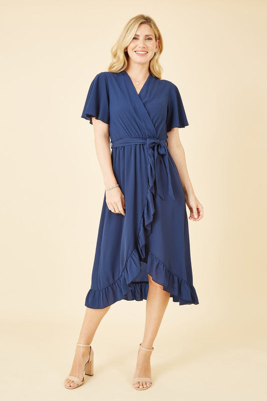 Mela Navy Wrap Over Frill Hem Dress Mela