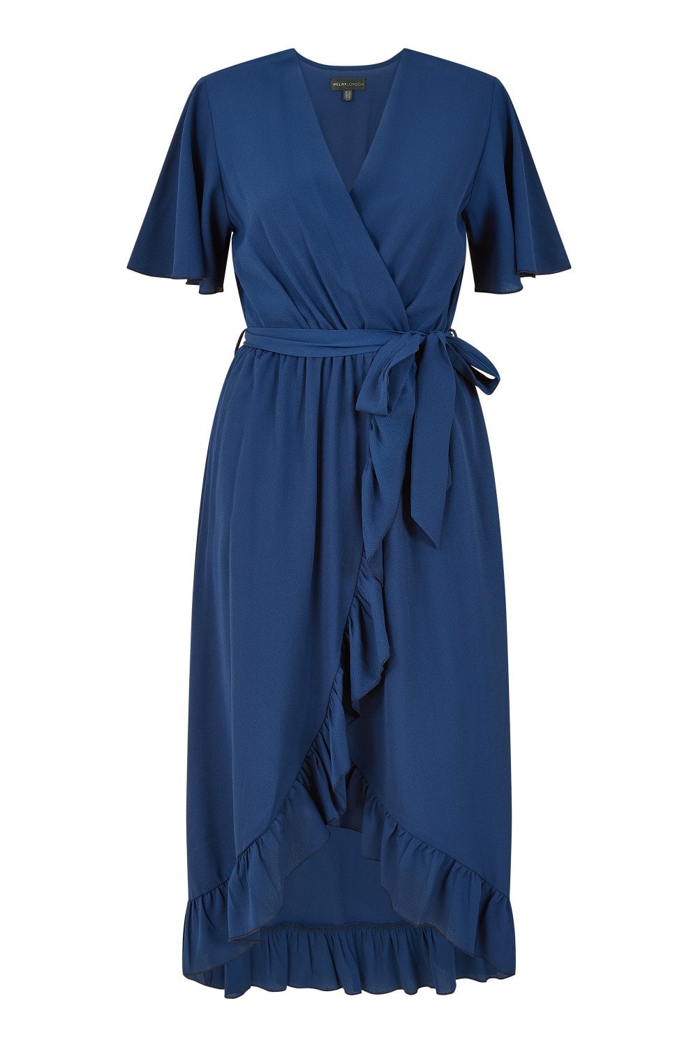 Mela Navy Wrap Over Frill Hem Dress Mela