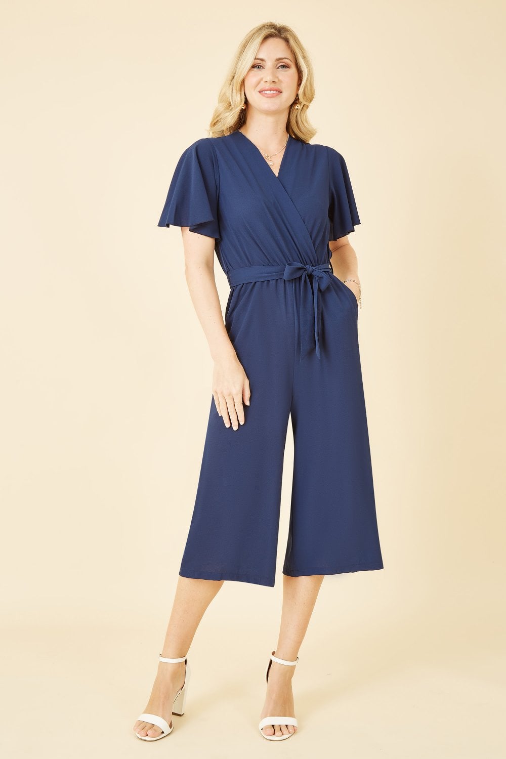 Mela Navy Wrap Over Jumpsuit With Angel Sleeves Yumi