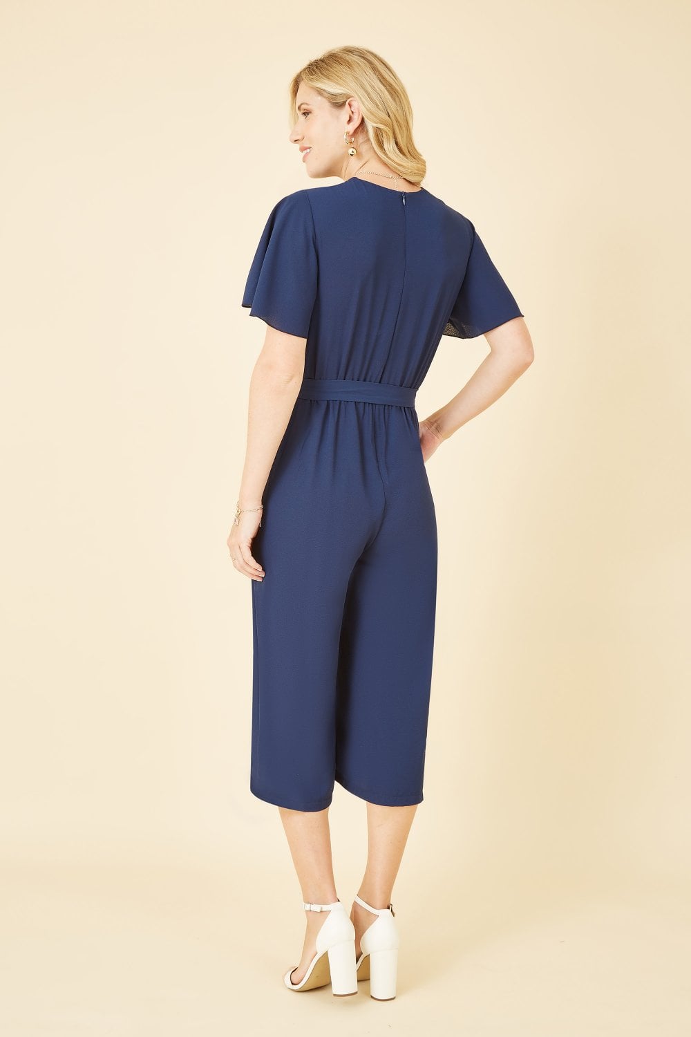 Mela Navy Wrap Over Jumpsuit With Angel Sleeves Yumi