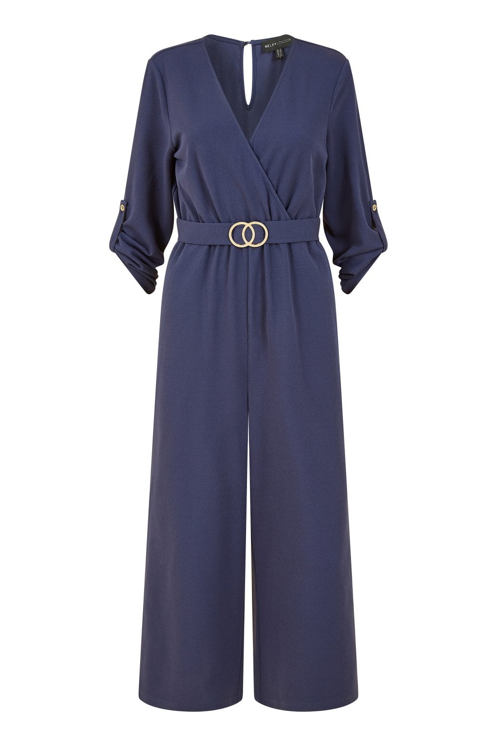 Mela Navy Wrap Over Stretch Jumpsuit With Gold Belt Mela