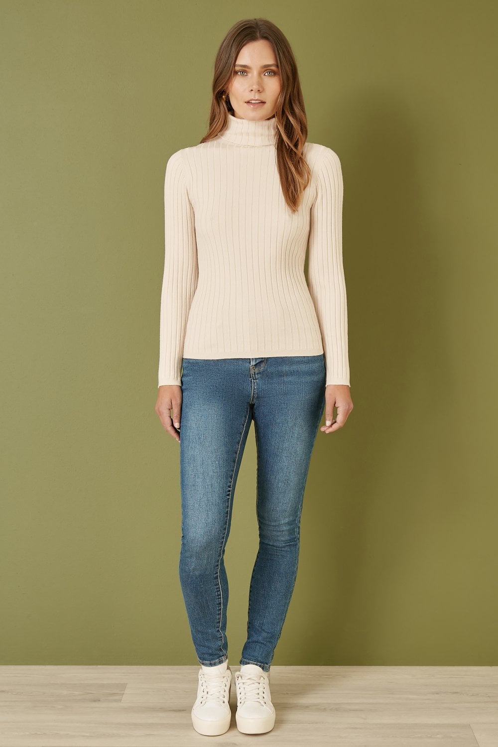 Mela Oatmeal Ribbed Knit Roll Neck Jumper Mela