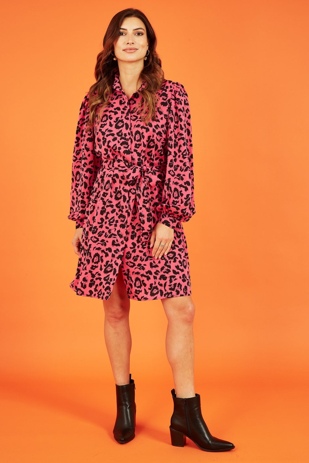 Mela Pink Animal Print Long Sleeve Shirt Dress Mela