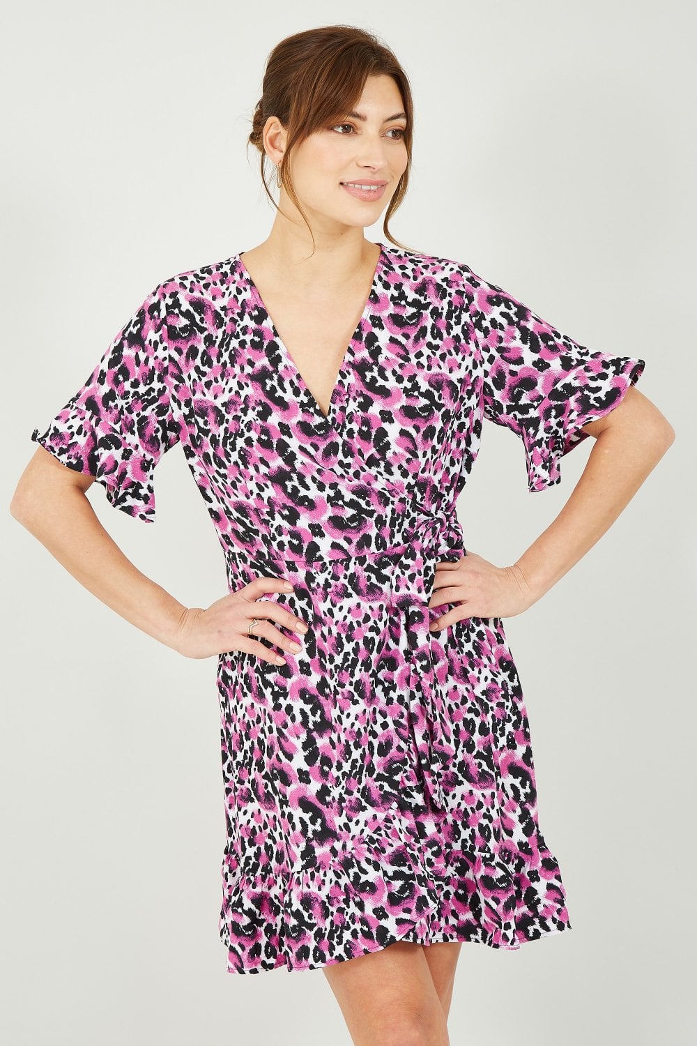 Mela Pink Leopard Print Wrap Skater Dress Mela