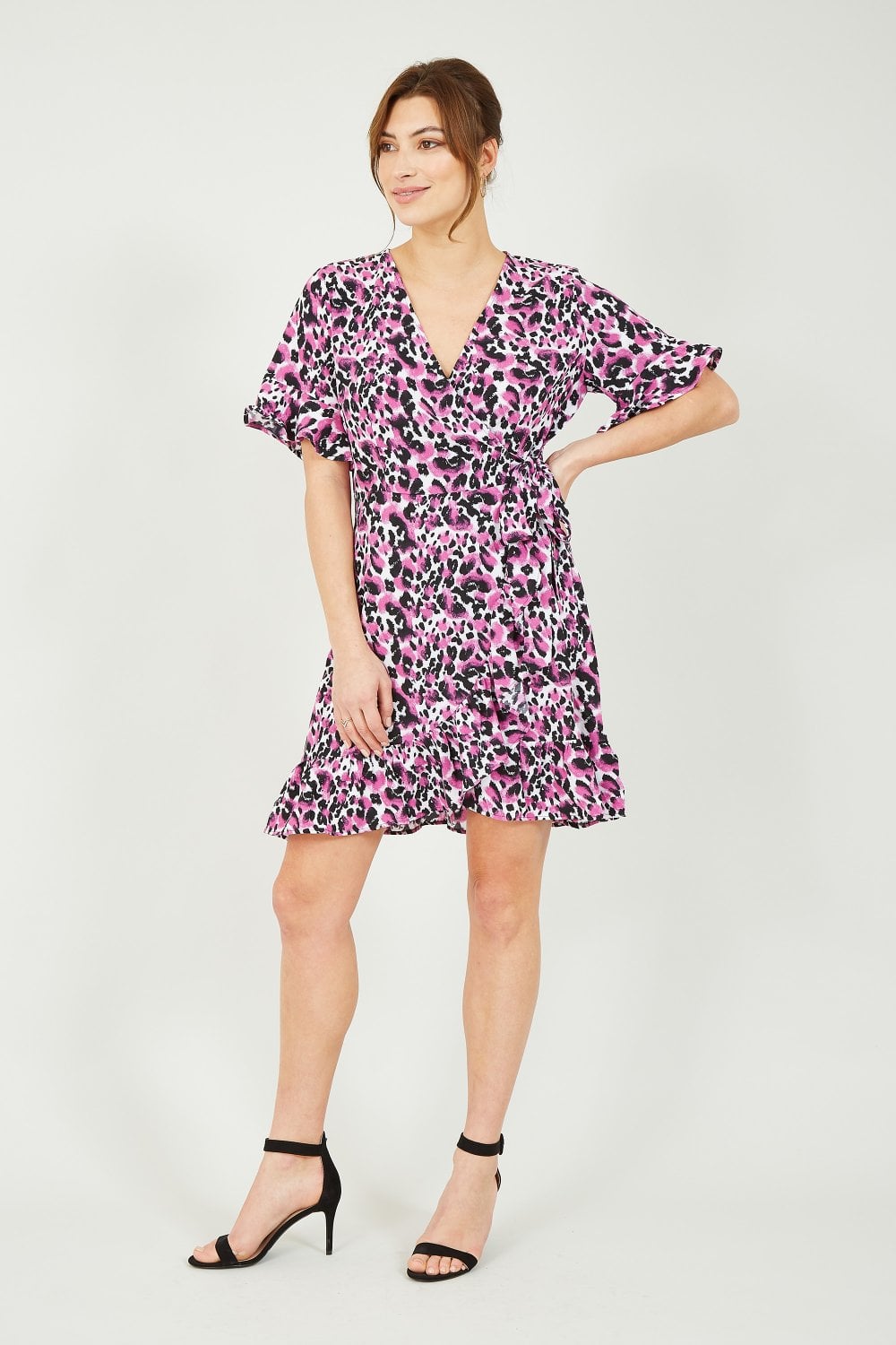 Mela Pink Leopard Print Wrap Skater Dress Mela