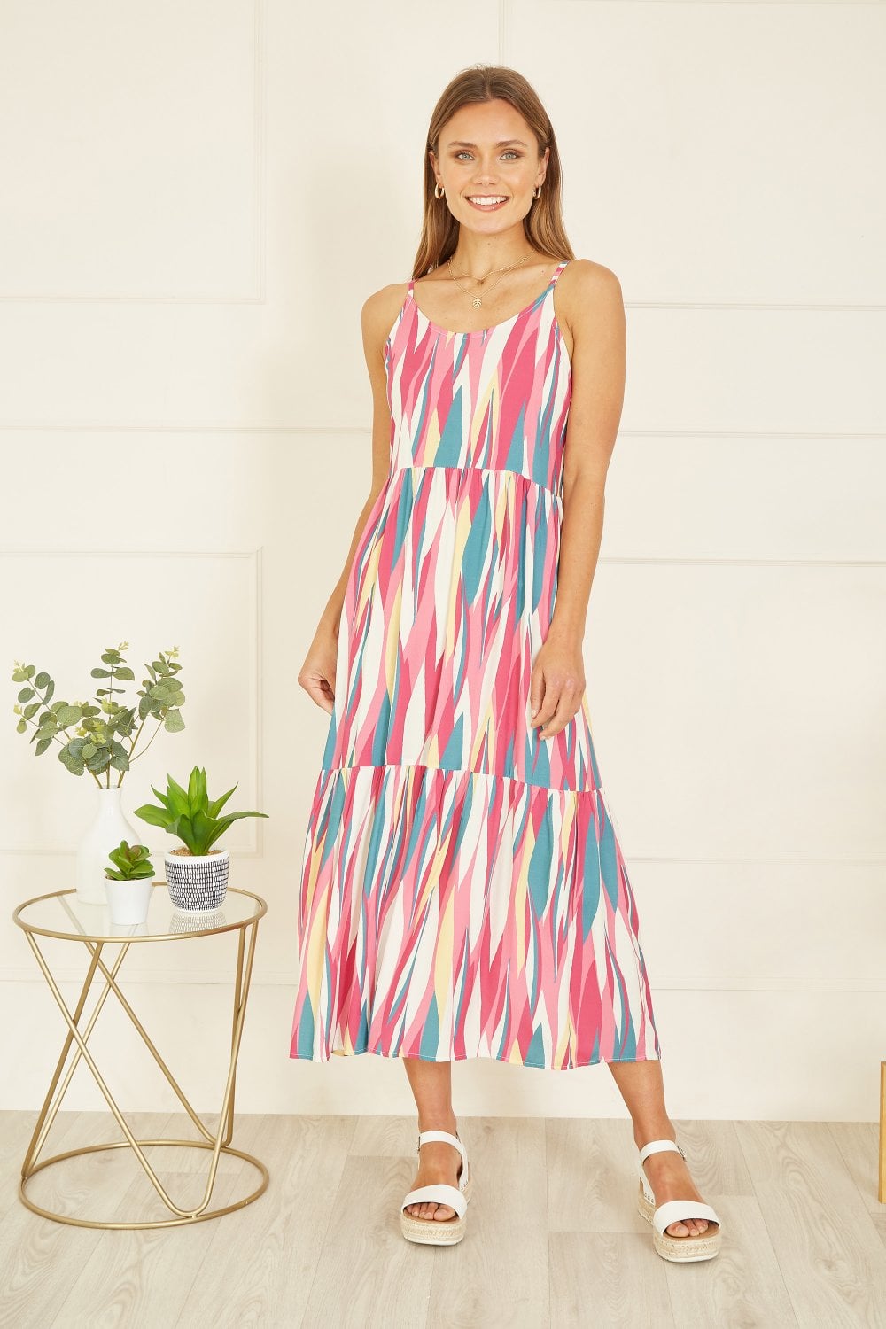 Mela Pink Viscose Abstract Stripe Midi Sundress Mela