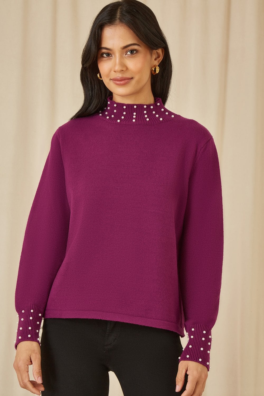 Mela Plum Pearl Detail High Neck Jumper Mela