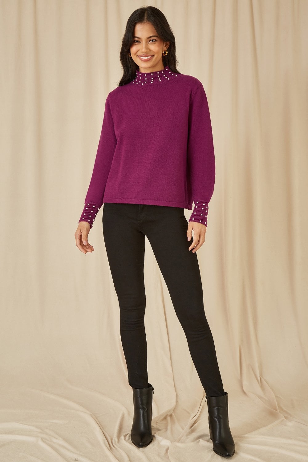 Mela Plum Pearl Detail High Neck Jumper Mela