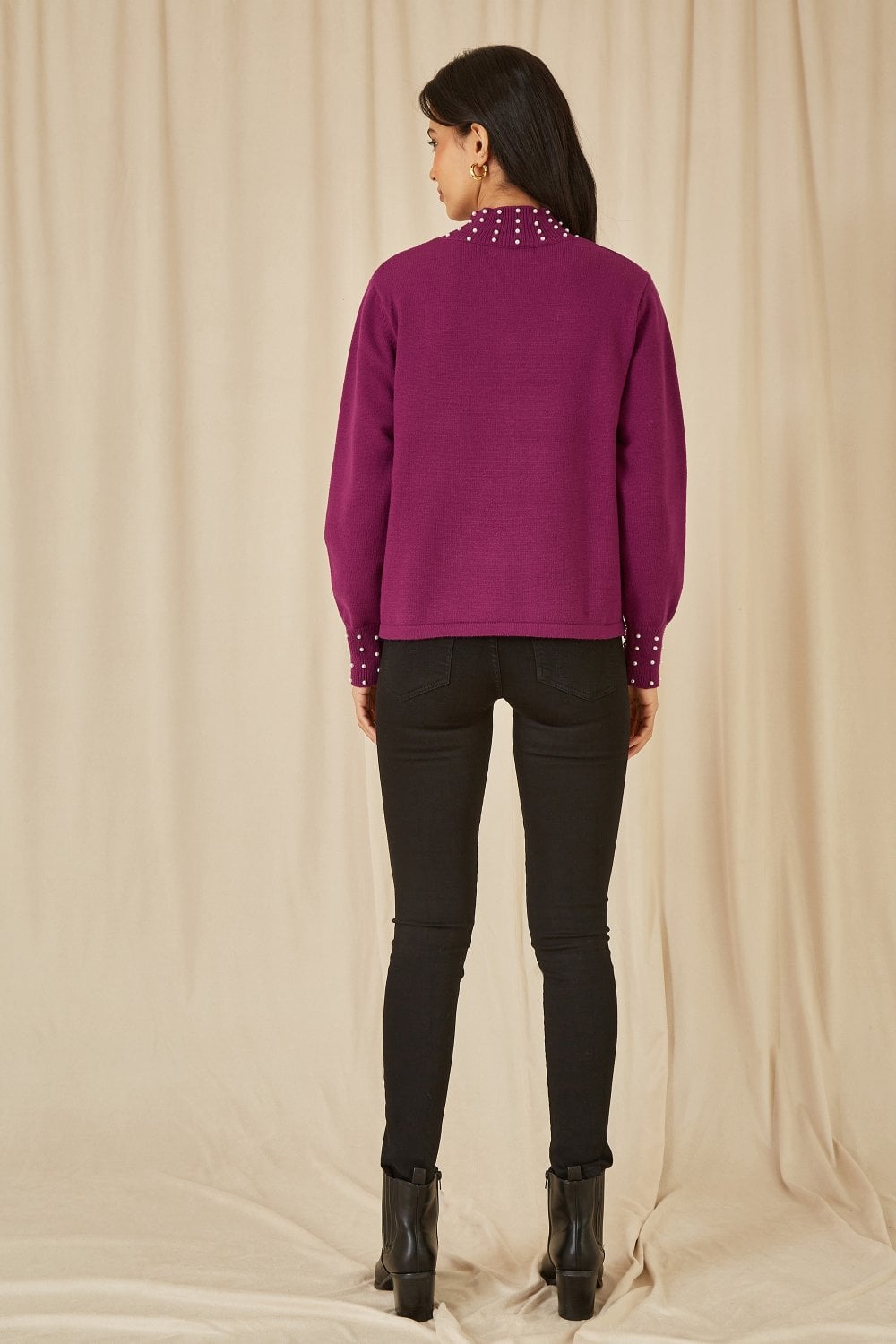 Mela Plum Pearl Detail High Neck Jumper Mela