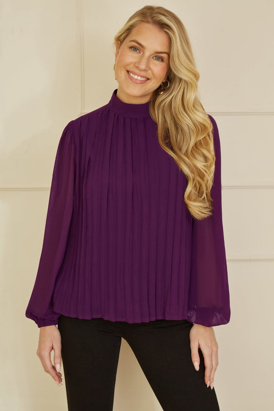 Mela Plum Pleated Long Sleeve Top With High Neck Yumi