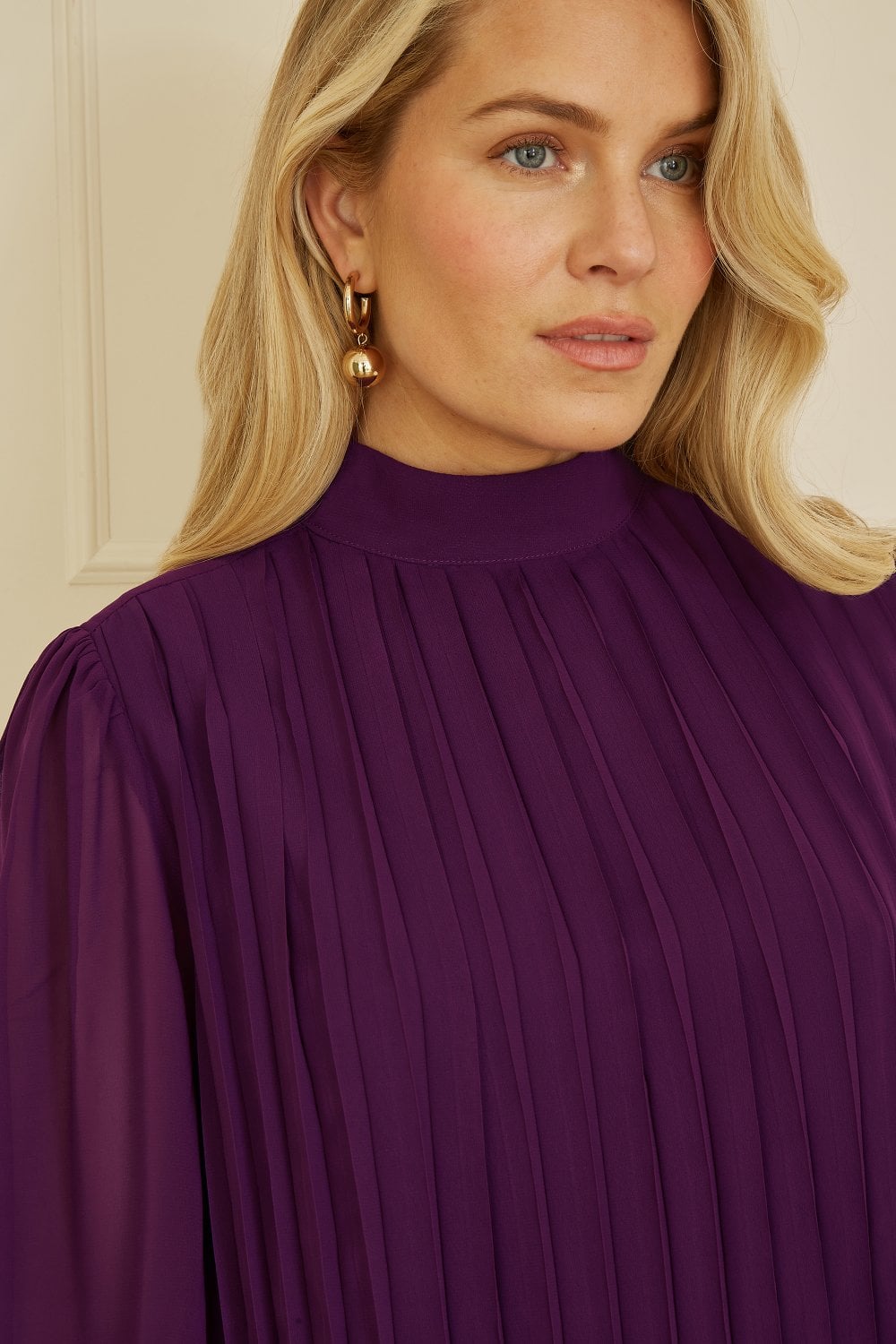 Mela Plum Pleated Long Sleeve Top With High Neck Yumi