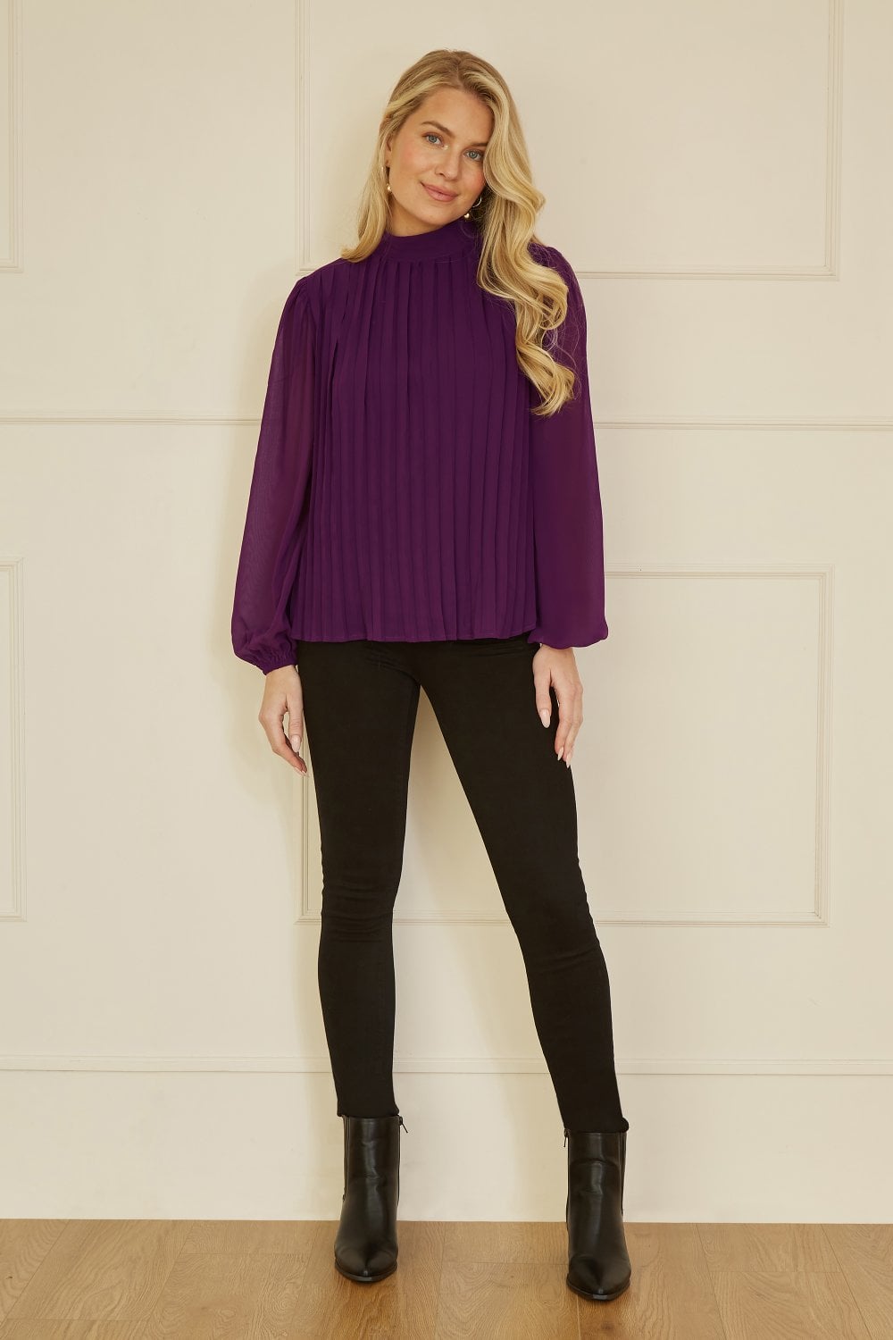 Mela Plum Pleated Long Sleeve Top With High Neck Yumi