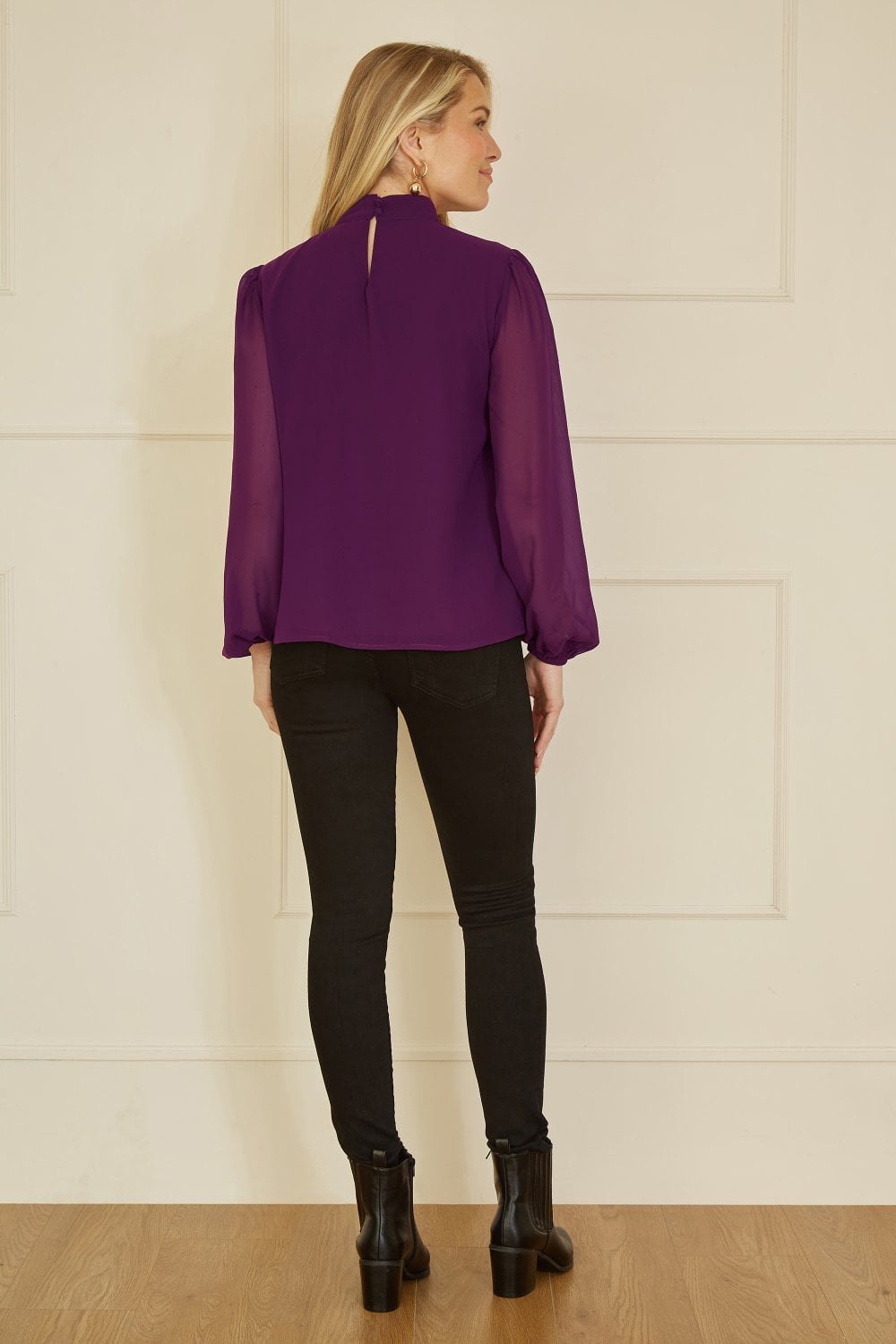 Mela Plum Pleated Long Sleeve Top With High Neck Yumi