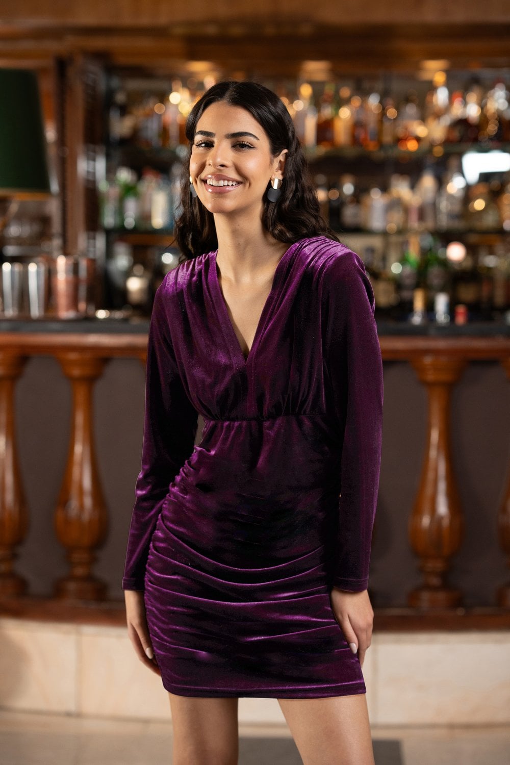 Mela Plum Velvet Fitted Long Sleeve Mini Dress Yumi