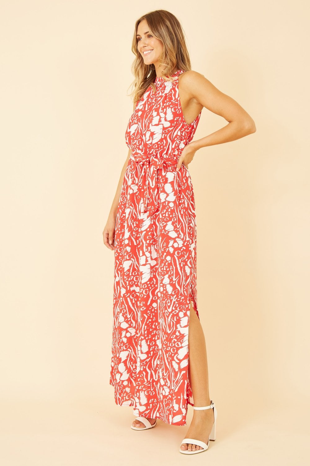 Mela Red Animal Print Halter Neck Maxi Dress Mela