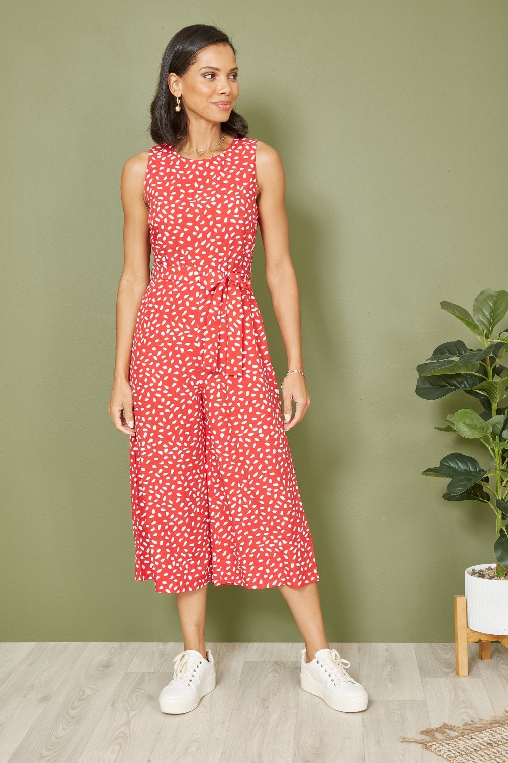 Mela Red Dash Print Culotte Jumpsuit Mela