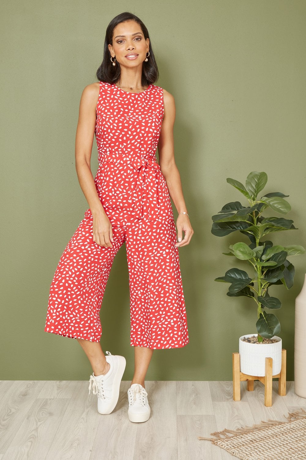 Mela Red Dash Print Culotte Jumpsuit Mela