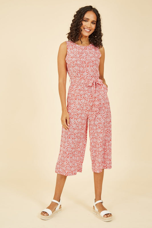 Mela Red Ditsy Floral Print Culotte Jumpsuit Mela