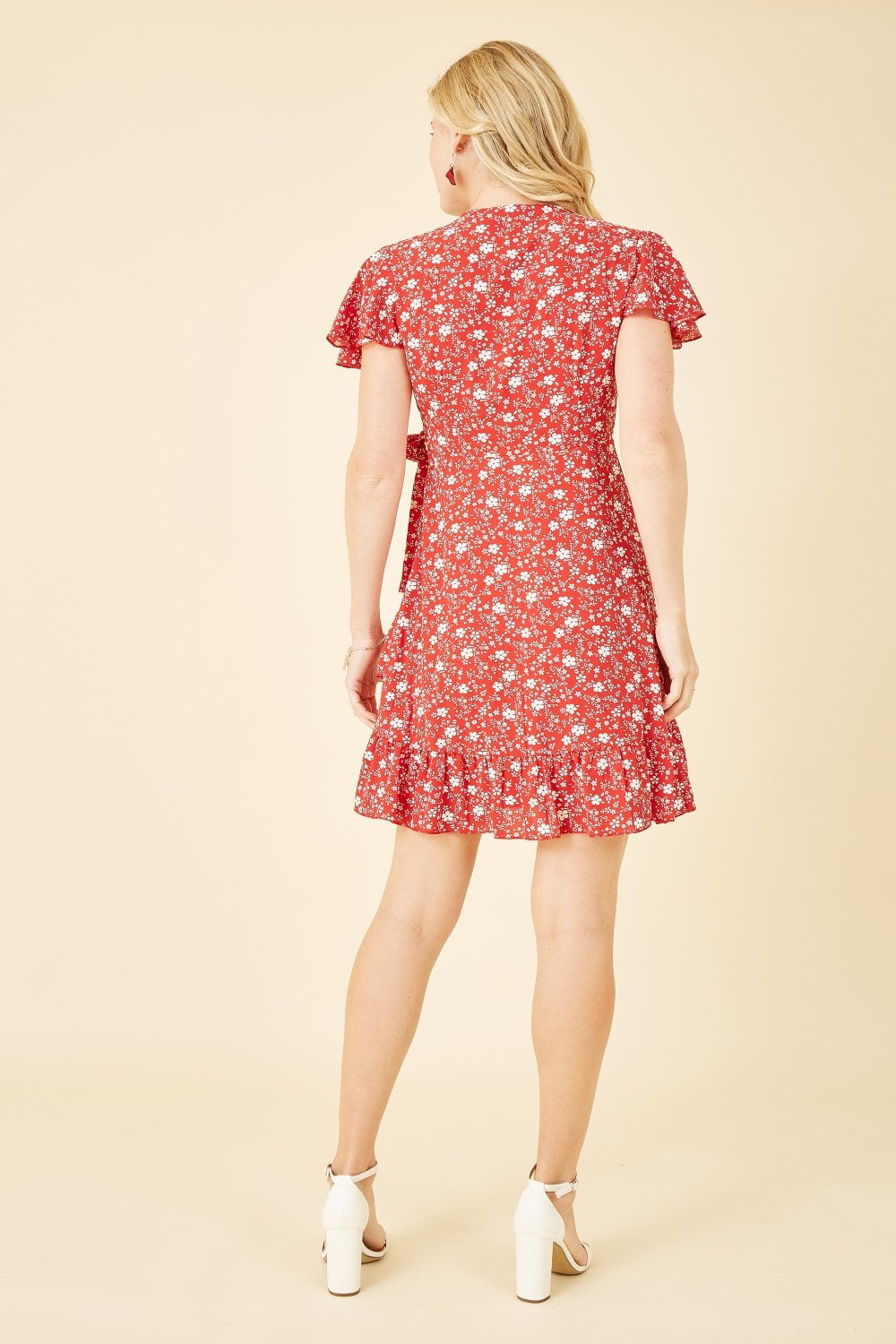 Mela Red Ditsy Floral Wrap Frill Dress Yumi