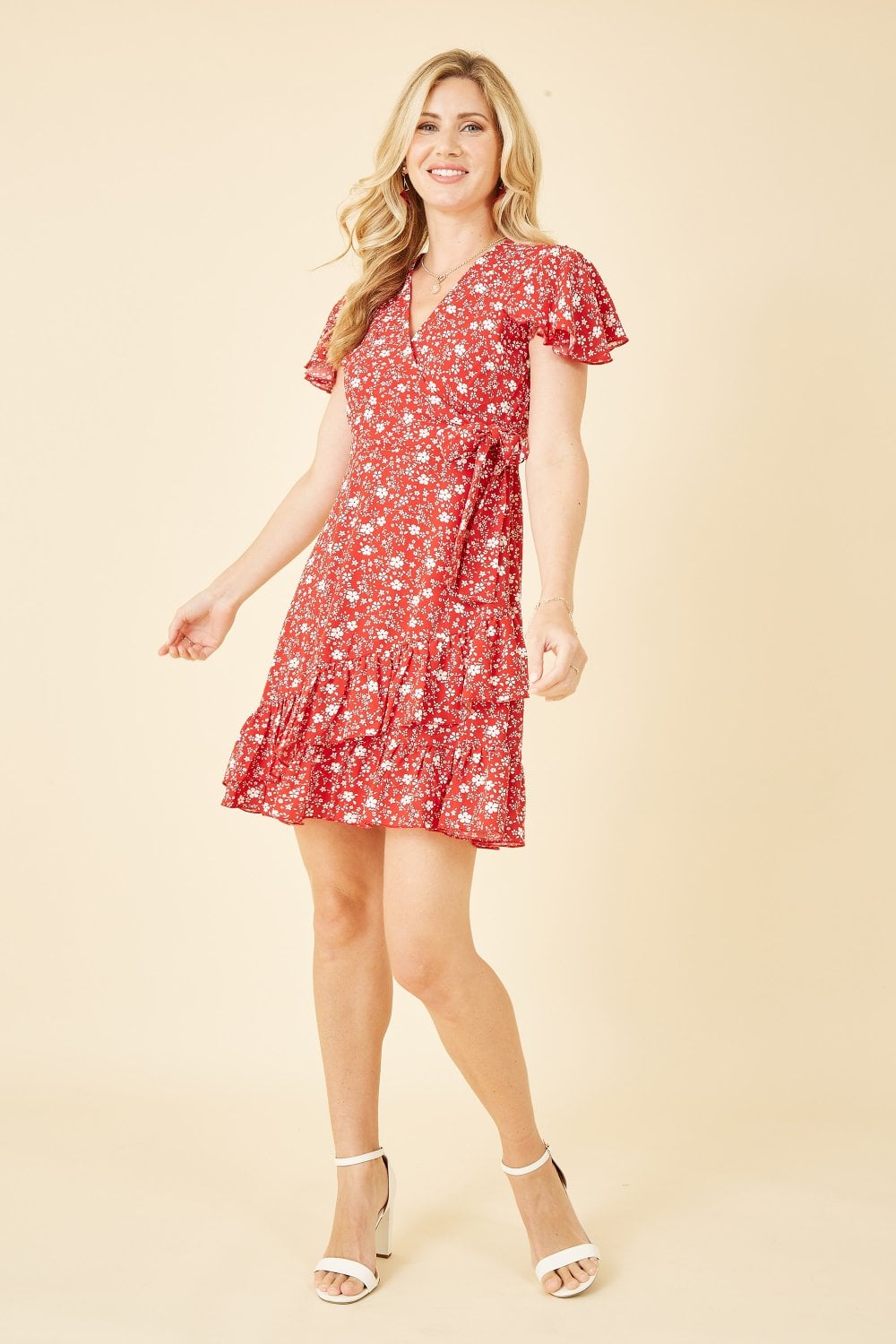 Mela Red Ditsy Floral Wrap Frill Dress Yumi