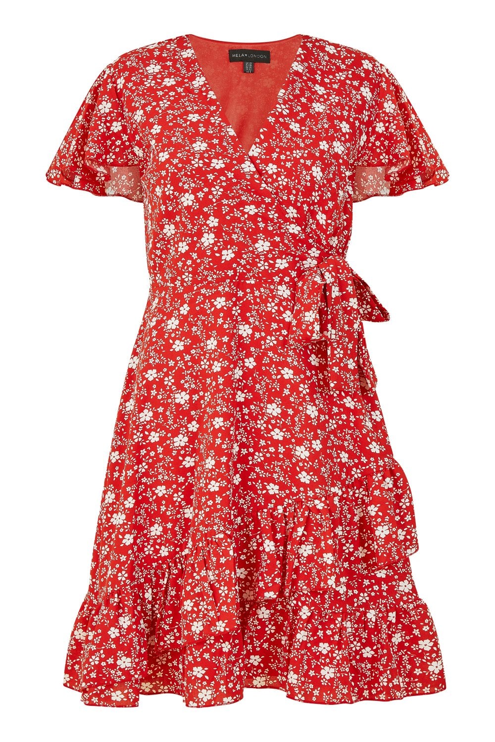 Mela Red Ditsy Floral Wrap Frill Dress Yumi