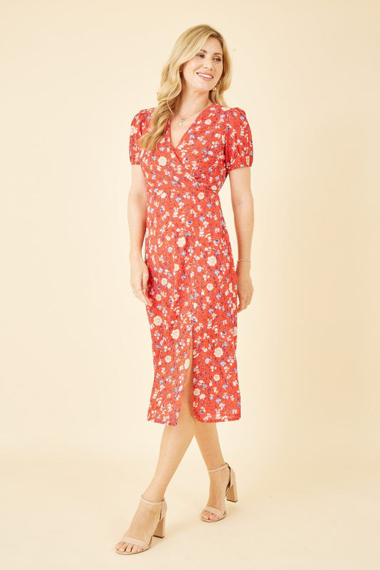 Mela Red Floral Midi Tea Dress Mela