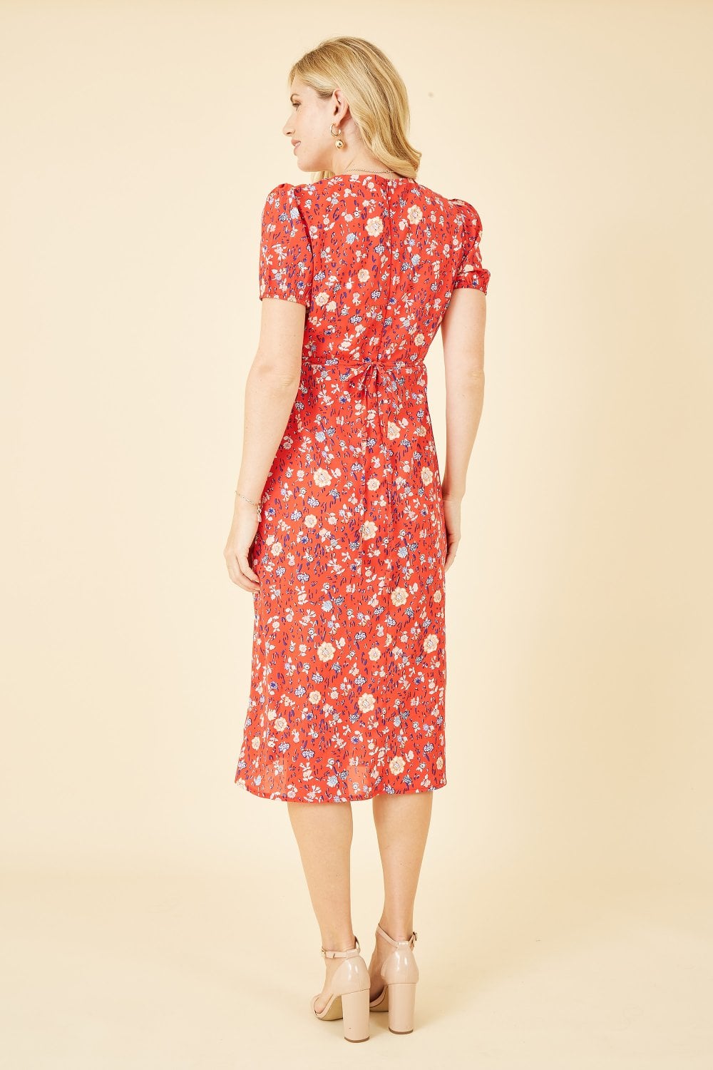 Mela Red Floral Midi Tea Dress Mela