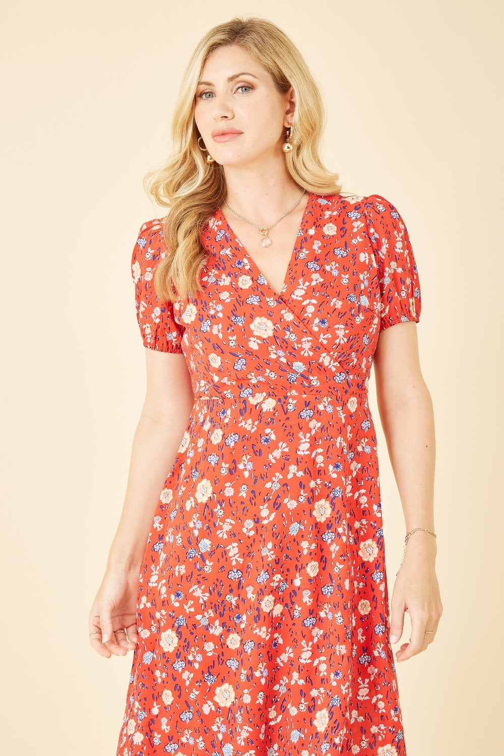 Mela Red Floral Midi Tea Dress Mela