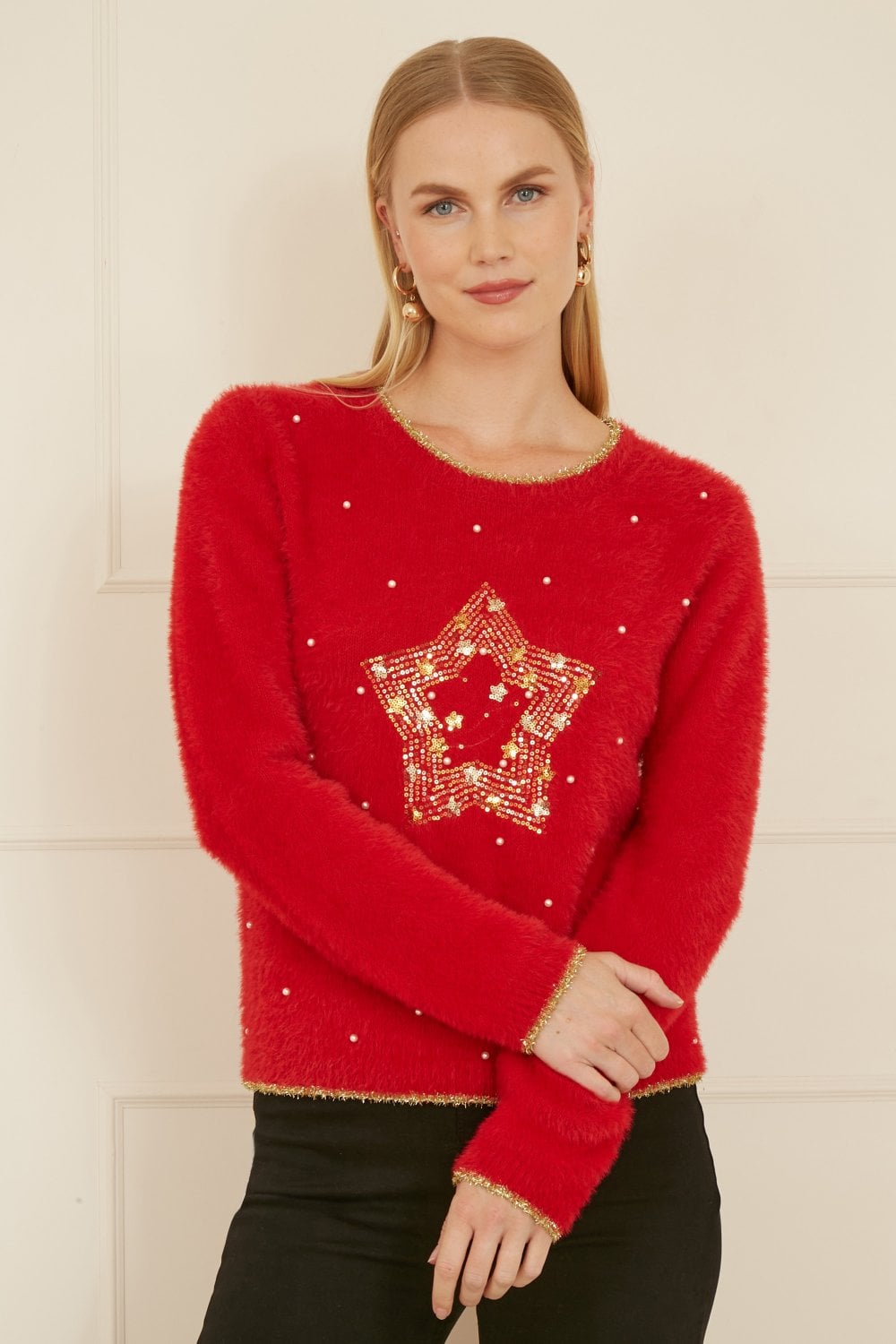 Mela Red Fluffy Star Christmas Jumper Mela