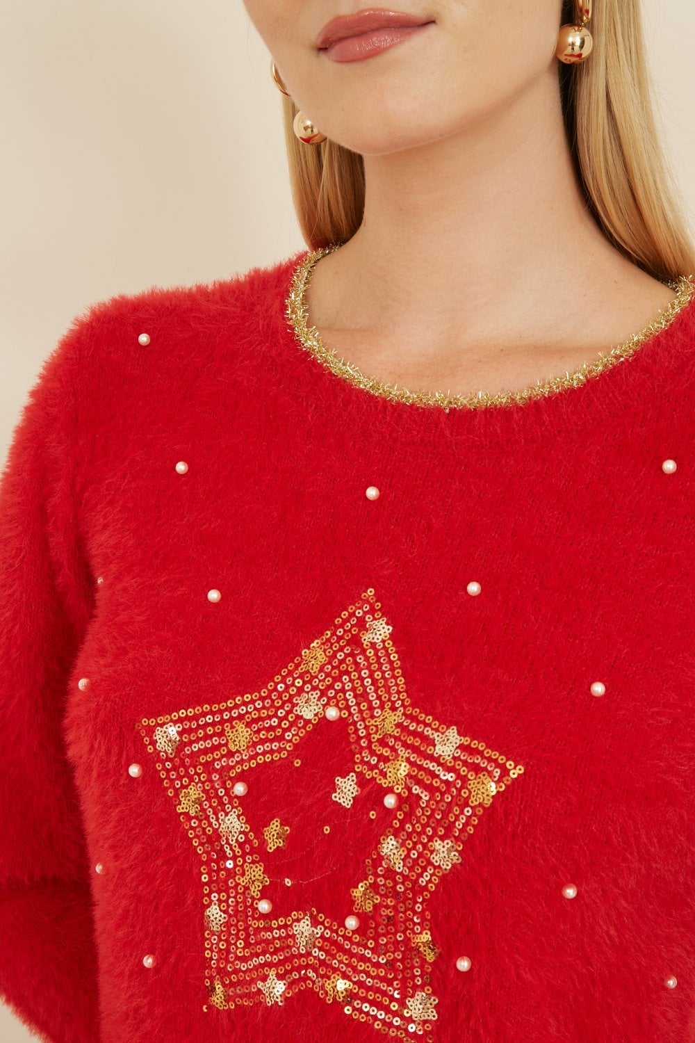 Mela Red Fluffy Star Christmas Jumper Mela