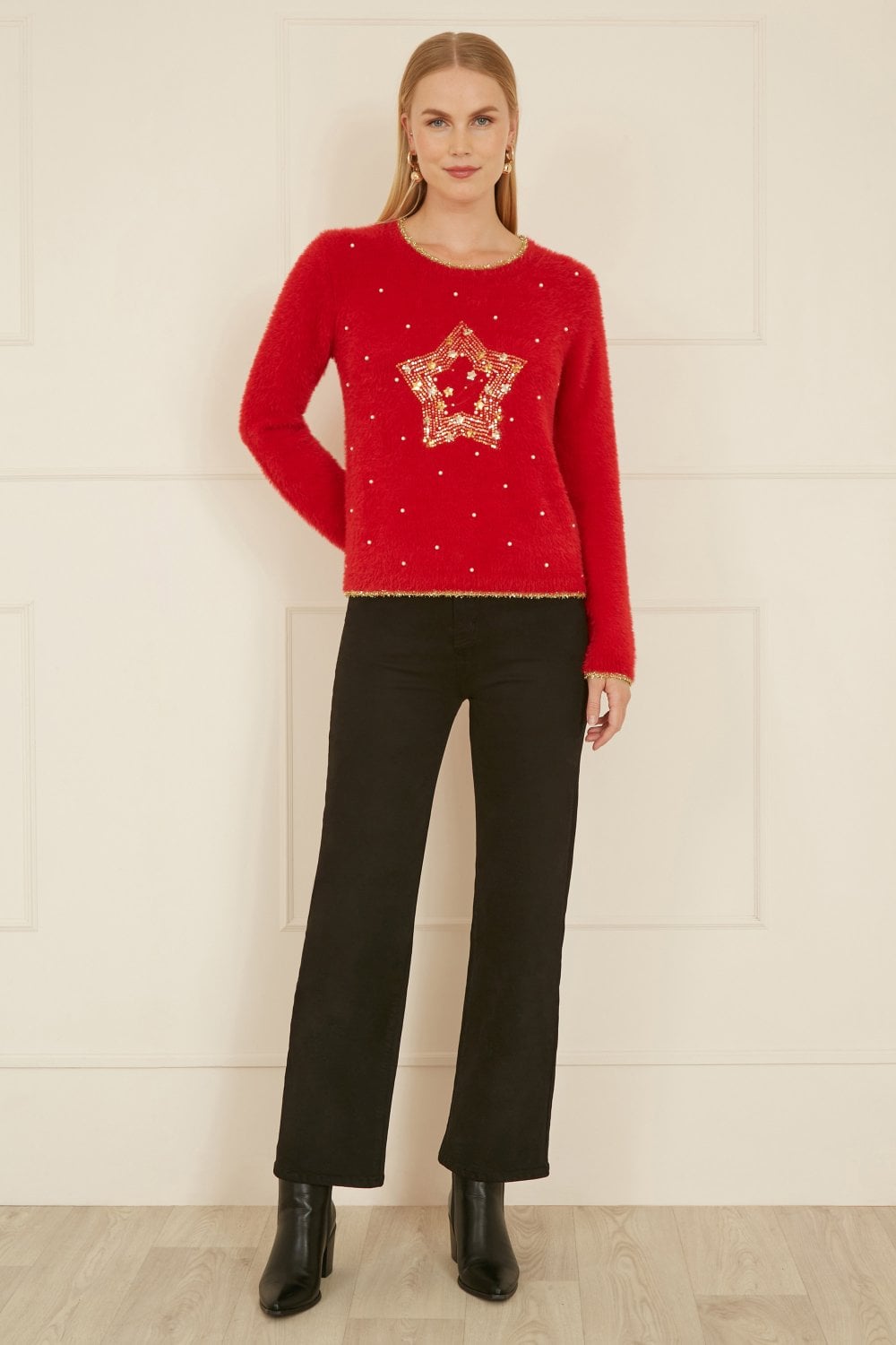 Mela Red Fluffy Star Christmas Jumper Mela