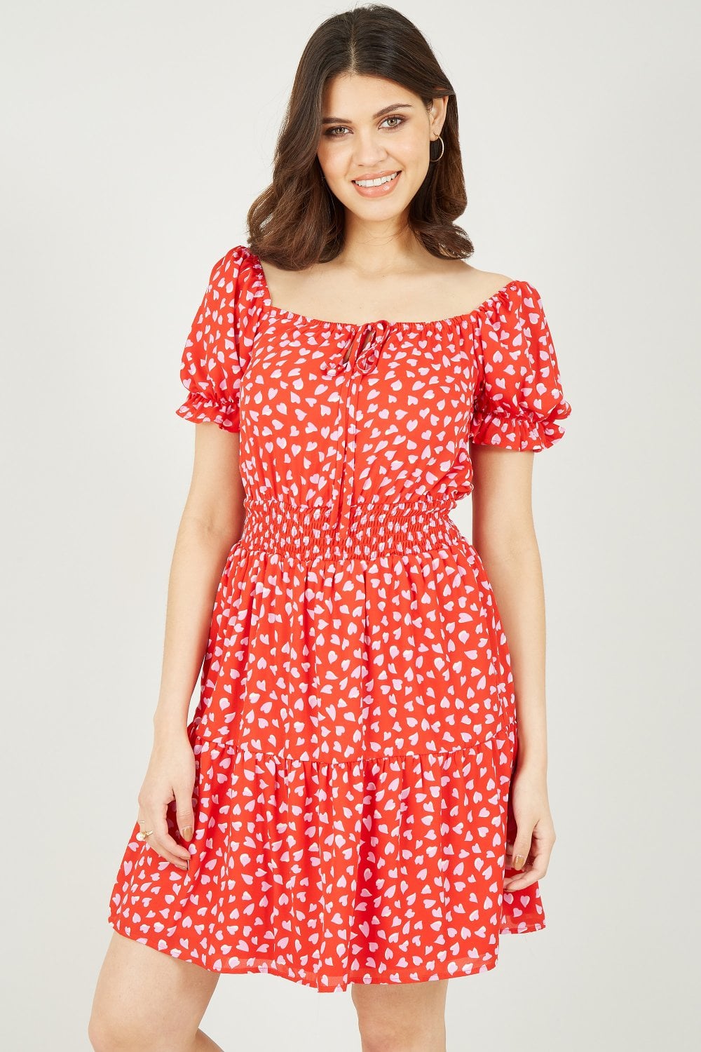 Mela Red Heart Printed Bardot Skater Dress Yumi