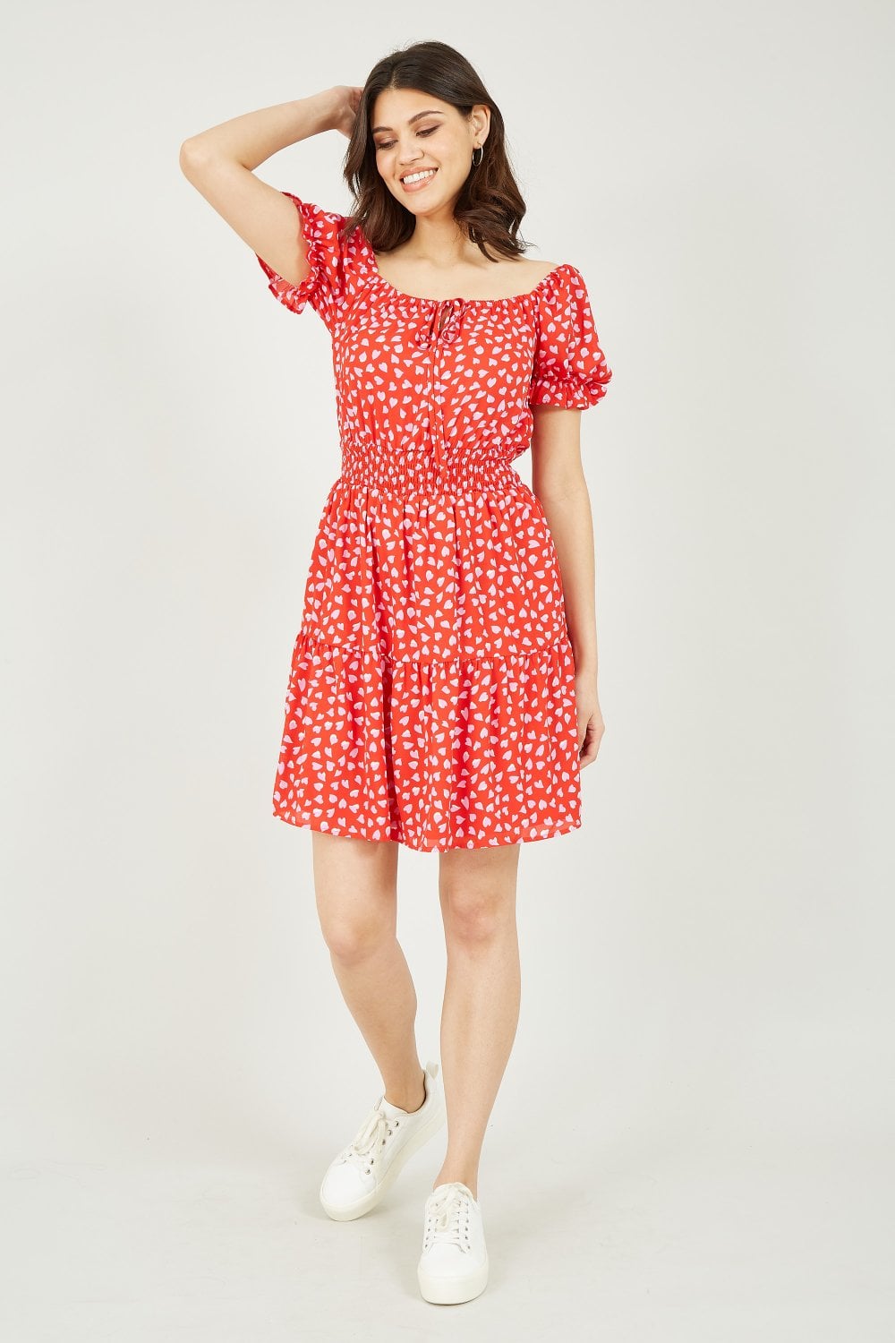 Mela Red Heart Printed Bardot Skater Dress Yumi