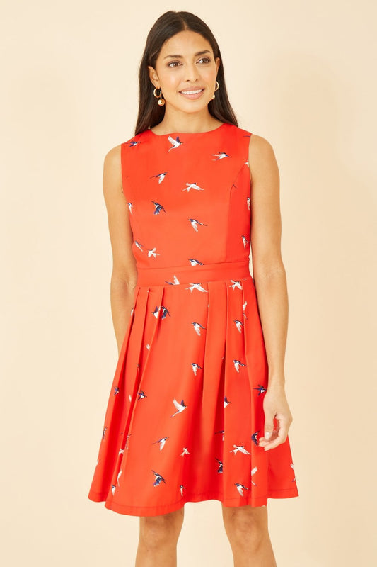 Mela Red Swallow Print Skater Dress Mela