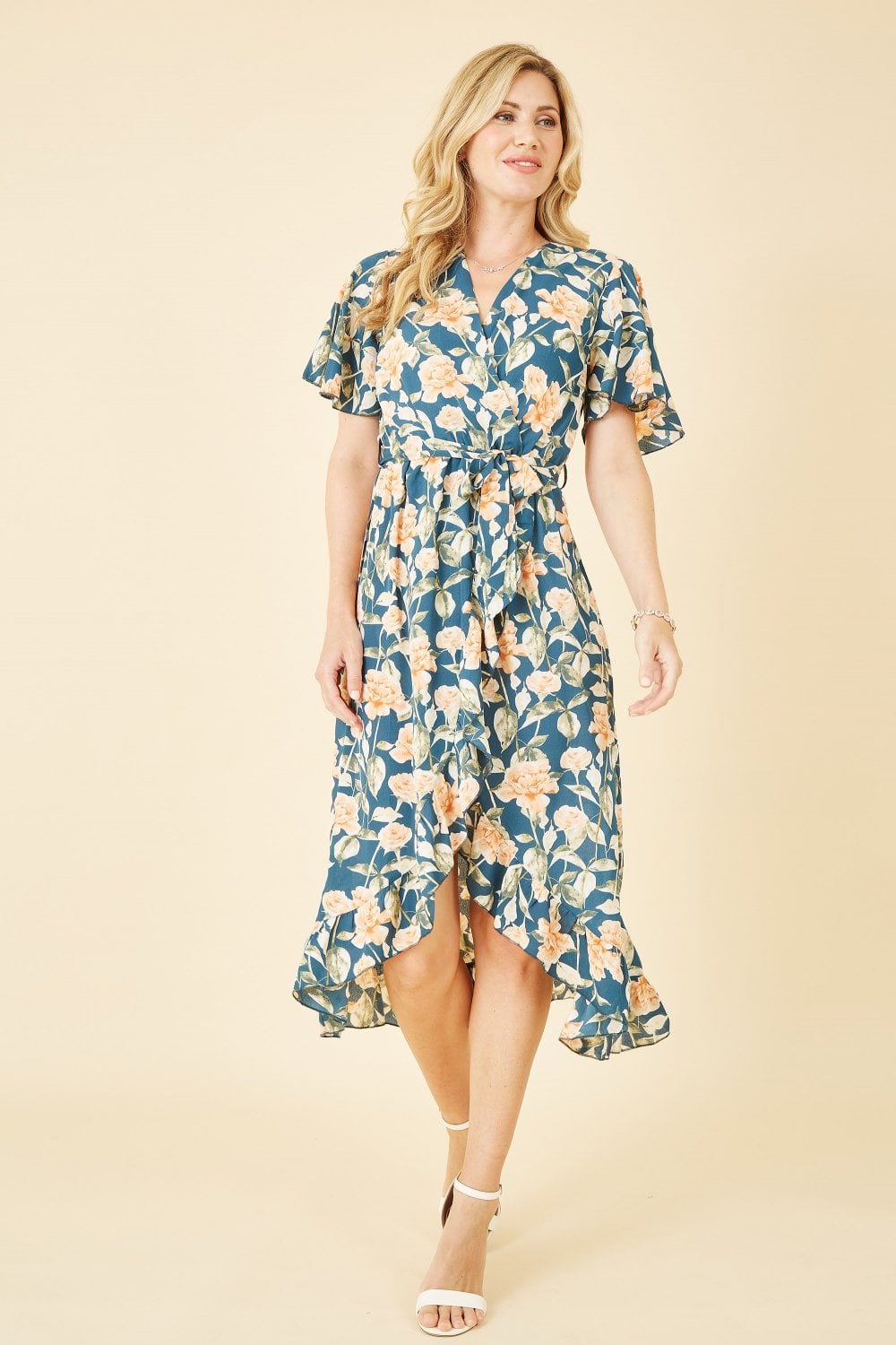 Mela Teal Floral Print Wrap Midi Dress Yumi