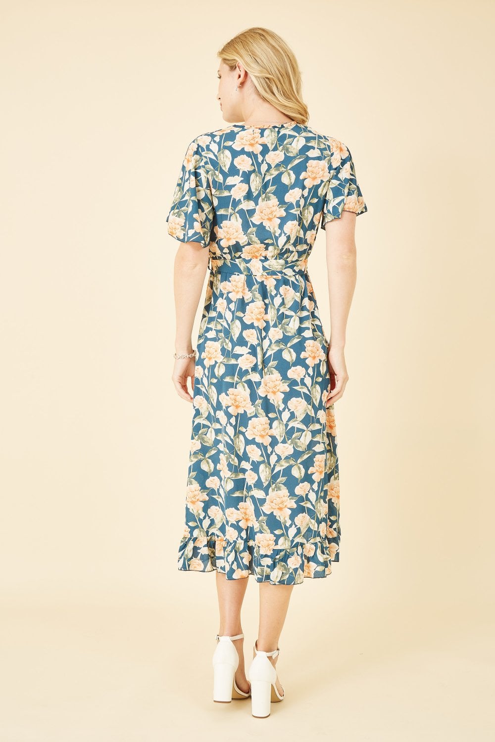 Mela Teal Floral Print Wrap Midi Dress Yumi