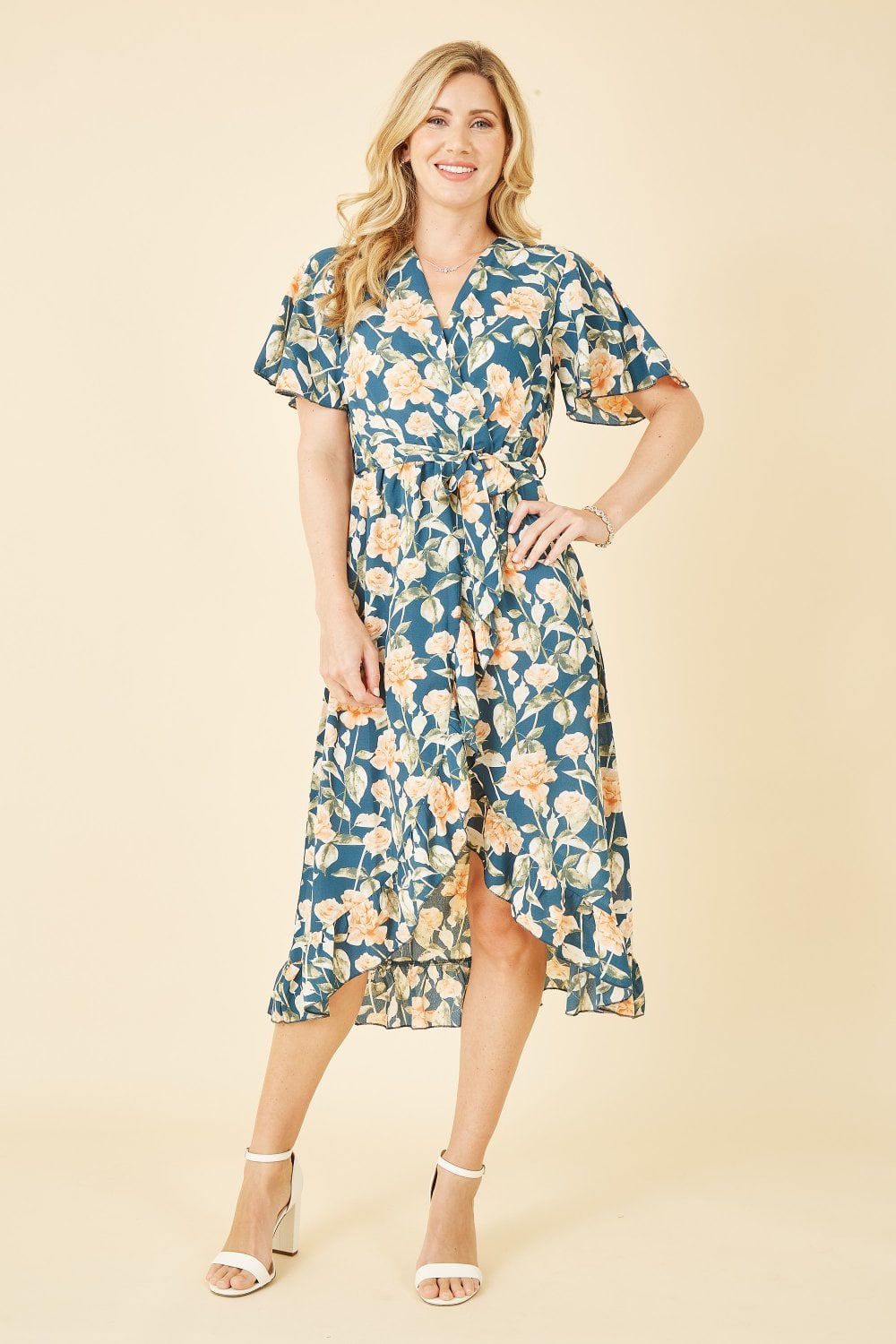 Mela Teal Floral Print Wrap Midi Dress Yumi