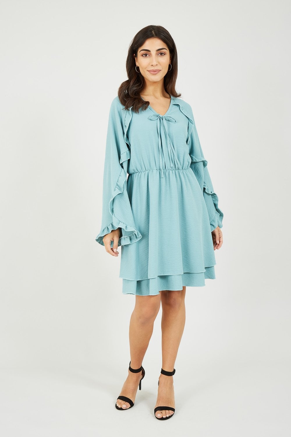 Mela Teal Frill Sleeve Detail Skater Dress Mela