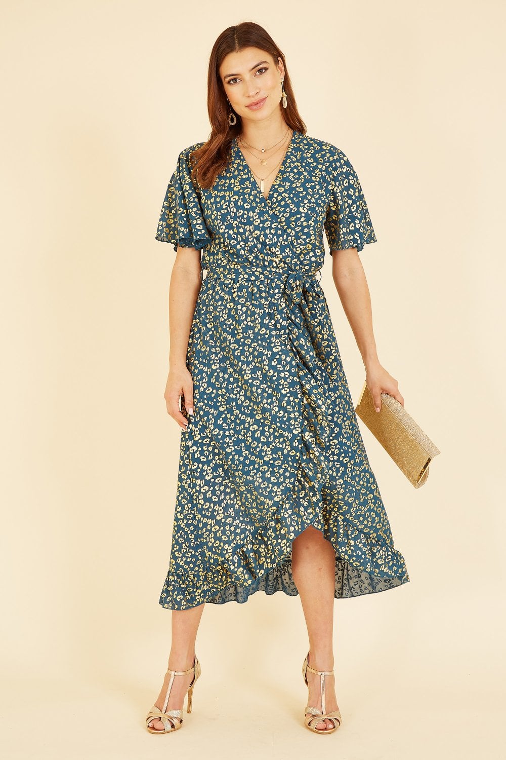 Mela Teal Leopard Foil Print Wrap Midi Dress Yumi