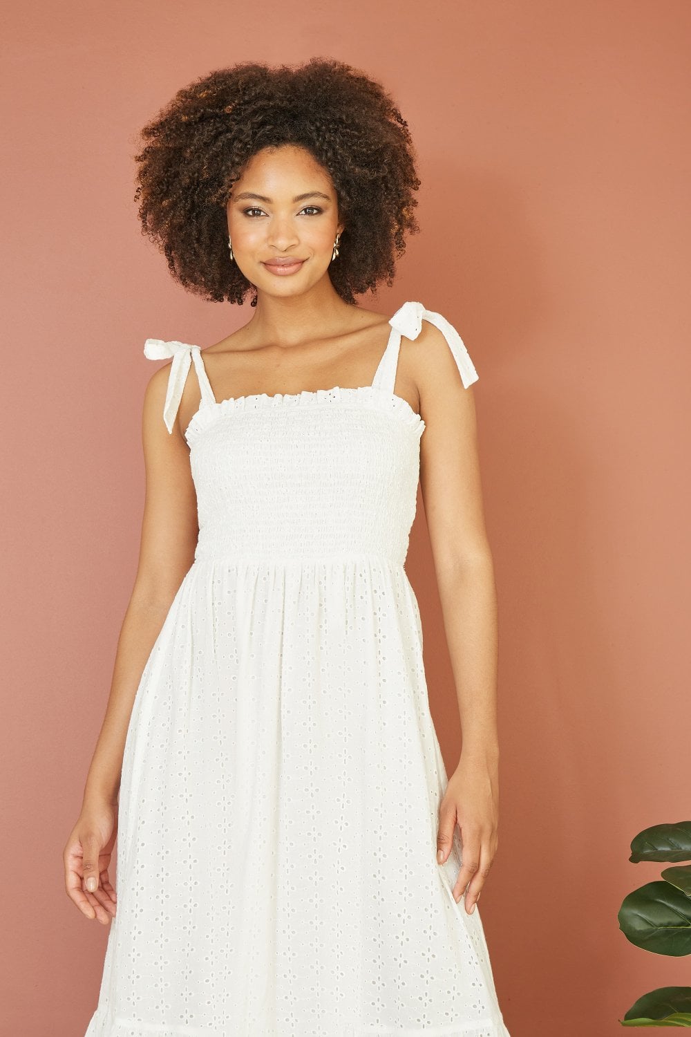 Mela White Broderie Anglaise Ruched Midi Sundress With Tie Sleeves Mela