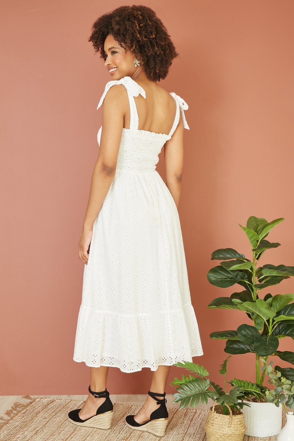 Mela White Broderie Anglaise Ruched Midi Sundress With Tie Sleeves Mela