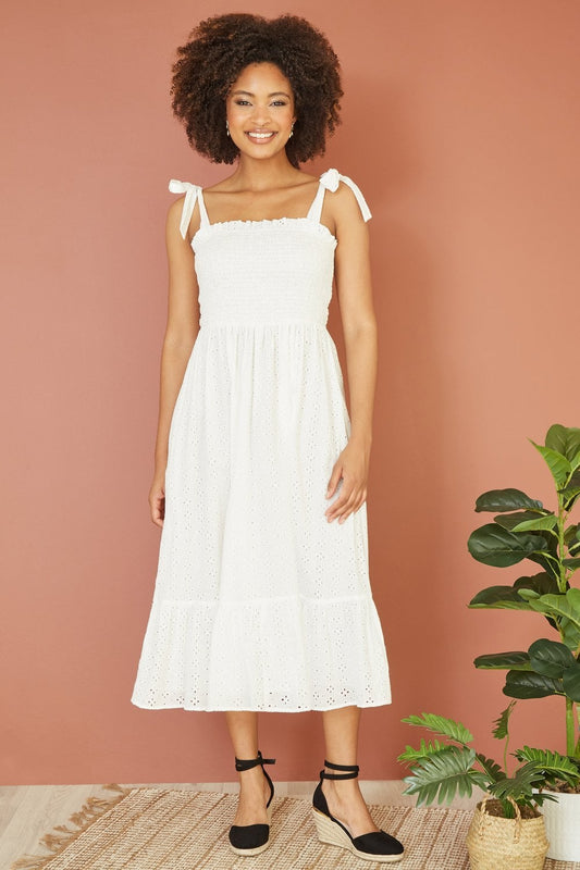 Mela White Broderie Anglaise Ruched Midi Sundress With Tie Sleeves Mela