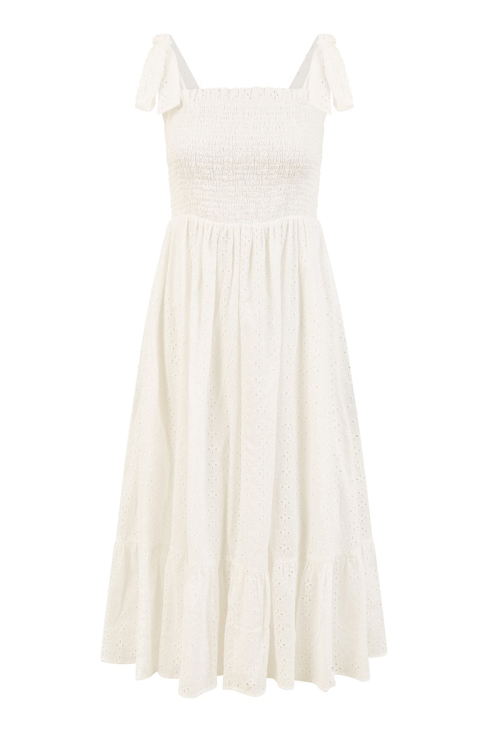 Mela White Broderie Anglaise Ruched Midi Sundress With Tie Sleeves Mela